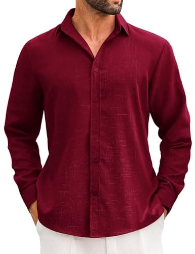 LETSEE Men's Linen Blend Button Down Shirt – Lightweight Long Sleeve Casual Shirt for Beach, Vacation & Wedding Wine Red - Image 1
