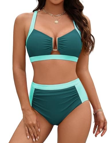 Hanna Nikole Women's Swimsuits 2 Piece Bikini Sets Slimming Modest Tummy Control Swimsuit Retro Padded Push Up Swimwear(Blue Green, L) - Image 1