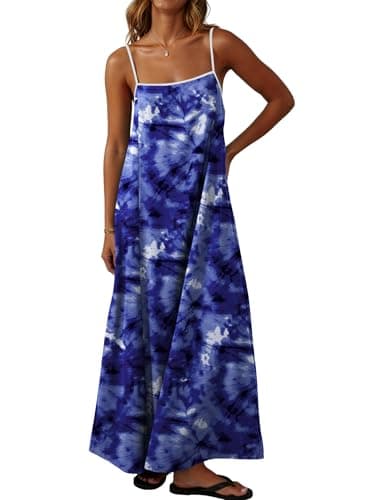 Lepunuo Summer Dresses for Women Flowy Sundress Contrast Spaghetti Strap Sleeveless Backless Beach Maxi Long Dresses Tie Dye Blue - Image 1