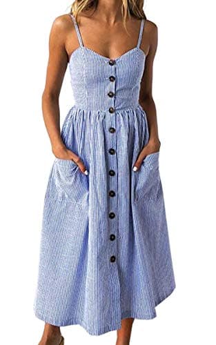 Angashion Women's Dresses-Summer Floral Bohemian Spaghetti Strap Button Down Swing Midi Dress Navy Blue Striped M - Image 1