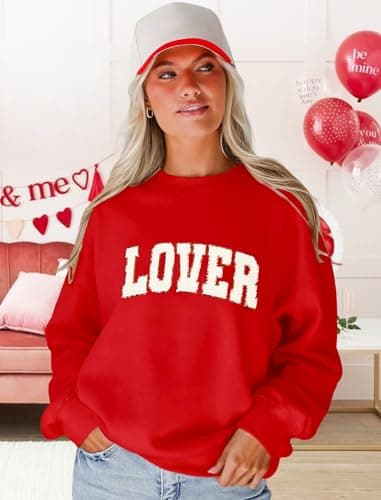 MAPICK Lover Sweatshirt for Women Long Sleeve Glitter Chenille Patch Letter Oversized Crewneck Tee Tops(Red, Small) - Thumbnail 4