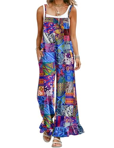 BOHOWE Womens Plus Size Overalls Loose Casual Wide Leg Summer Maternity Jumpsuit Ruffle Hem Bohemian Wide Leg Bib Overall M HPF FLP002 - Image 1