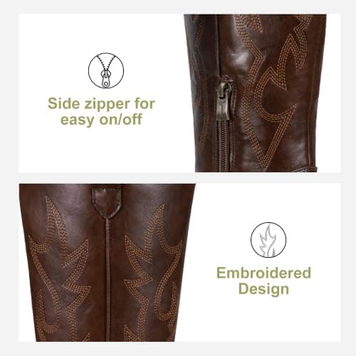Jeossy Women's Whisky Red Brown Cowboy Boots Embroided Western Cowgirl Boots Round Toe Knee High Pull on Wide Calf Shoes with Inside Zipper Size 10 (DJY9809 whisky 10) - Thumbnail 4