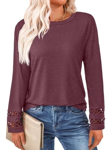 GKBK Womens Long Sleeve Tops Business Dressy Casual Blouses Crewneck Loose Fit Lightweight T Shirts Cute Work Tee Ladies Tunic 2025 Fall Winter Fashion Clothes Trendy Outfits Wine Red S - Thumbnail 2