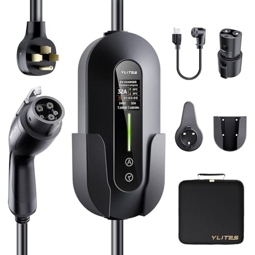 YLITES 32A Level 2 Portable EV Charger, 7.68kW 240V Fast Charging, 25ft Cable, Level 1 & 2 Support, Adjustable Current & Timer, NEMA 14-50 + 5-15 Adapter, J1772 to Tesla Adapter Included