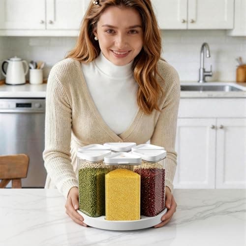 Slow Slog 6-Grid Rotating Grain Storage Bins & Pantry Food Organizer, Dry Food Canister Set for Cereal, Grain, Snacks, Coffee Beans, Kitchen Countertop Storage - Thumbnail 4