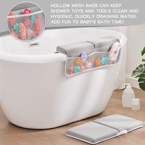 ILPEOD Bath Kneeler and Elbow Rest Pad Set, Thick Soft Quick Dry Bathtub Mat for Baby Bathing Time, Memory Foam With Toys Organizer, Gifts for Parents, Grey - Thumbnail 5