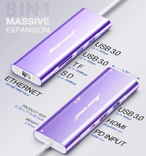 Hiearcool USB C Hub, USB-C Ethernet Dongle 4K@60Hz HDMI Multi-Port Adapter, USBC Docking Station Compatible for MacBook Dell HP Thunderbolt 3 4 Laptops-Purple - Thumbnail 5