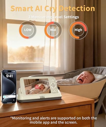 ALIOBC Smart Baby Monitor with Camera and Audio WiFi & No-WiFi Modes AI Cry Detection Night Vision 1080p FHD Camera and 5" Large Screen Two-Way Talk 1000ft Range Smart Alert Easy Setup for New Parents - Thumbnail 3