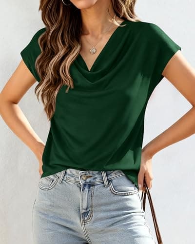 BTFBM Cowl Neck Tops for Women 2026 Summer Womens Tops Dressy Casual Business Blouses Short Sleeve Shirts Spring Outfits(Green, Large) - Thumbnail 3