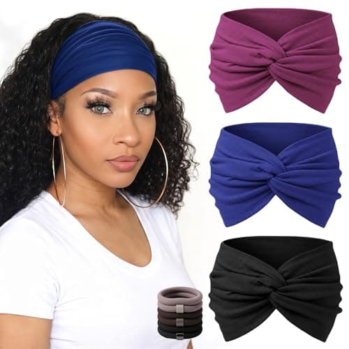 WENNKINN 7-Inch Wide Headbands for Women – 3 Pack Soft Thick Turban Hair Bands, Bandana-Style Head Wraps for Workout Yoga Sleep, Fashion Accessories with 6 Pcs Hair Ties-Blue, Purple Red, Black
