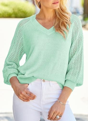 Dokotoo Womens Oversized Sweaters for Women 2026 Spring V Neck Long Puff Sleeve Solid Hollow Out Fashion Casual Loose Plain Solid Color Cable Knit Sweater Pullover Jumper Outerwear Sky Blue XX-Large - Thumbnail 4