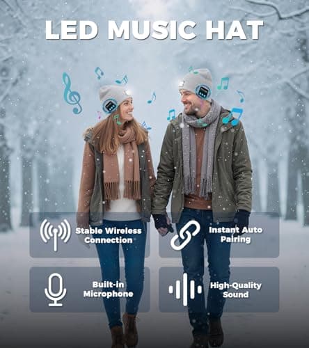 HEYAXA Bluetooth Beanie Hat, USB Rechargeable 4 LED Wireless Music Running Headlamp Cap, Dad Gifts for Husband, Dad, Birthday Gifts for Men, Dad, Father, Women, Him, Her, Grey - Thumbnail 2
