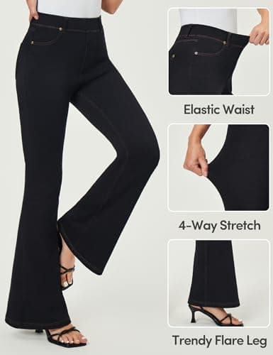 IUGA Bell Bottom Jeans for Women High Waisted Stretchy Pull On Flare Jeans Wide Leg Leggings Tummy Control Flare Pants Black - Thumbnail 3