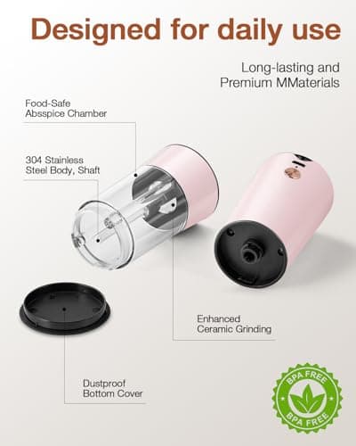 Gravity Electric Salt and Pepper Grinder Set 2-Pack, USB-C Rechargeable with LED Light, Automatic Stainless Steel Mills for Kitchen, BBQ, Dining Table & Gifts - Petal Pink - Thumbnail 2