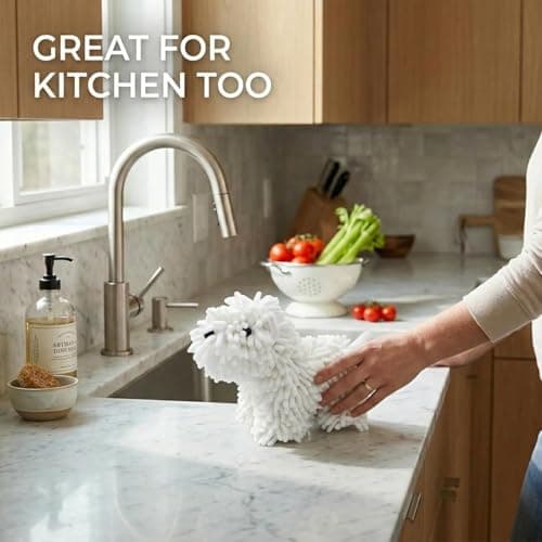 Cute Dog Chenille Hand Towel, 3D Puppy Hangable Fuzzy Ball Hand Towel Microfiber Super Soft Absorbent Bathroom & Kitchen Towels with Hanging Loop, Can Be Placed on the Sink Countertop (White & Pink) - Thumbnail 4