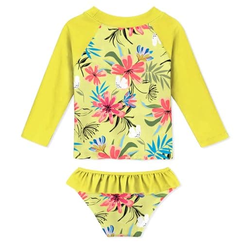 Funnycokid Girls Rash Guard Swimsuit Size 6 Floral Yellow Hawaiian Long Sleeve Bathing Suit 2 Piece Floral Swimwear Rash Guard Set Kid 6-7 Years - Thumbnail 2