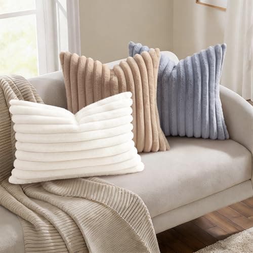 Simmore Faux Fur Couch Throw Pillow Covers 18x18 Set of 2, Decorative Soft Striped Plush Pillow Covers with Velvet Back for Sofa Bed Living Room, Cream White - Thumbnail 4