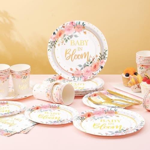 Gudvilla 350 Pcs Baby in Bloom Baby Shower Decorations for Girl, Its a Girl Baby Shower Plates and Cups and Napkins Sets, Pink Floral Baby in Bloom Plates and Napkins Sets, Serves 50 - Thumbnail 3