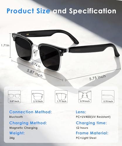 GLOSSIA AI Smart Glasses, Bluetooth Glasses for Men Women, Blue Light Smart Glasses, Hands-Free Calls, Music and Voice Control for Work/Study/Travel - Thumbnail 5