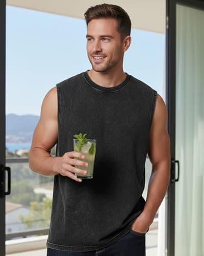 PAODIKUAI Sleeveless Shirts for Men - Sleeveless Crew Neck Casual Gym Washed T Shirt Breathable Loose Fit(Black,XL) - Thumbnail 6