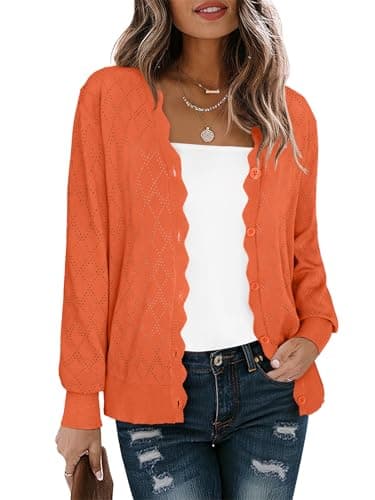 LILBETTER Women's Long Sleeve Button Down V-Neck Hollow Out Pattern Design Open Front Cardigan Sweater(Bright-Orange XX-Large) - Image 1