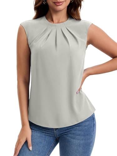 Funlingo Womens Dressy Casual Tops Summer Short Cap SleeveTunic Blouses Crew Neck Office Work Shirts Spring Business Clothing Grey 3XL - Thumbnail 2