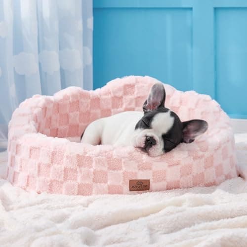 Joydeco Cloud Dog Bed for Small Dogs & Cats, Washable Pet Bed with Orthopedic Foam and Removable Checkered Plush Pad, Non-Slip Bottom for Indoor Puppies and Kittens, 27x24 Inch, Pink