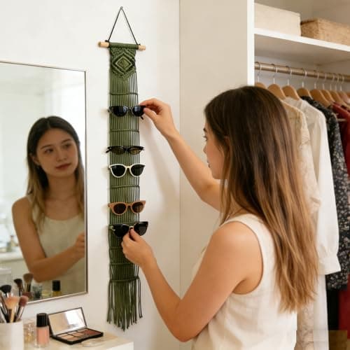 W Wellshine Macrame Sunglasses Holder Boho Wall Hanging Minimalist Eyewear Organizer Wall Sunglasses Rack Sunglasses Display (Sage Green) - Thumbnail 3
