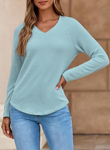 Dokotoo V Neck T Shirts for Women Loose Ribbed Vacation Cruise Outfits for Women 2026 Waffle Knit Women's Blouses School Clothes Plain Tops Womens Resort Wear Womens Tops Dressy Casual Canton Medium - Thumbnail 3