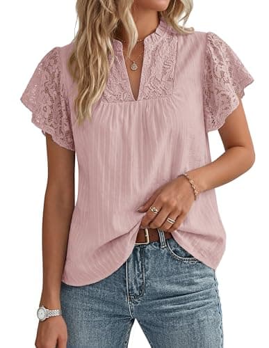 GRACE KARIN Womens Lace Short Sleeve Tops Summer Dressy Casual Cotton Blouses Flowy V Neck Dress Shirts Trendy Clothing 2026, Dusty Pink, X-Large - Image 1