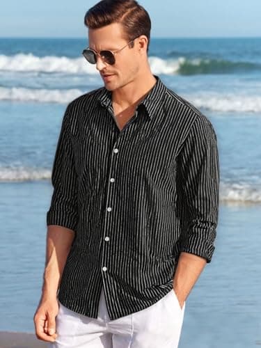 BAYAMO Men's Button-Down Striped Shirts Casual Long Sleeve Cotton Linen Collared Shirts Fashion Business Dress Shirt Black M - Thumbnail 3