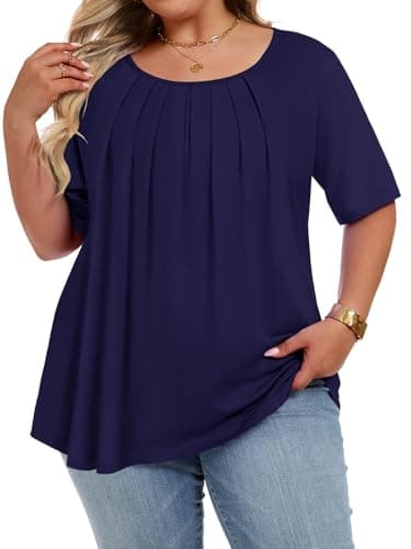 JOELLYUS Womens Plus Size Tops Summer Short Sleeve Shirts Flowy Crewneck Casual Loose Tunic Top Blouses (Dark Blue, XL)