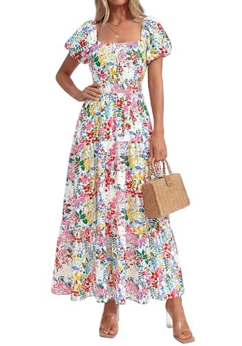 BTFBM Summer Dress for Women 2026 Spring Floral Short Sleeve Casual Flowy A-Line Smocked Tiered Maxi Dresses Pockets(Floral White Multicolor, Small) - Thumbnail 2