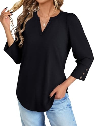 NORACORA Blouses for Women Dressy Casual 3/4 Length Sleeve Womens Tops V Neck Loose Fit T Shirts Beach Vacation Spring Summer Fall Shirts Black XXL - Thumbnail 2