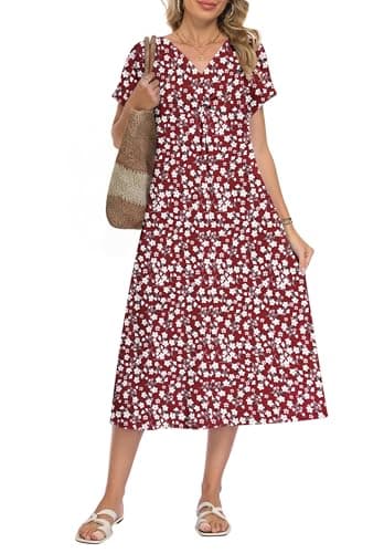 WNEEDU Women Summer Midi Dress Twist Front V Neck Short Sleeve Loose Casual Pockets,RD S Floral,2XL - Image 1