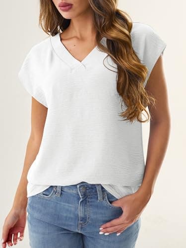 GKBK Women Tops Cap Sleeve Textured Dressy Casual V Neck Shirts 2026 Summer Business Work Blouses Outfits White L - Thumbnail 4