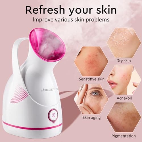 Amconsure Facial Steamer - Nano Ionic Face Steamer Warm Mist Steamer for Home Sauna SPA, Humidifier for Face Steamer for Deep Cleaning Unclogs Pores Sinuses - Bonus 5 Piece Stainless Steel Skin Kit - Thumbnail 4