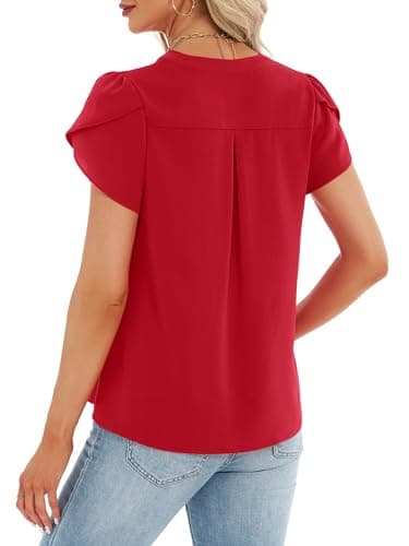 Funlingo Womens Tops Dressy Casual 2026 Short Petal Sleeve Tunic Blouses Spring V Neck Loose Flowy Dress Shirt Elegant Clothes Red XL - Thumbnail 6