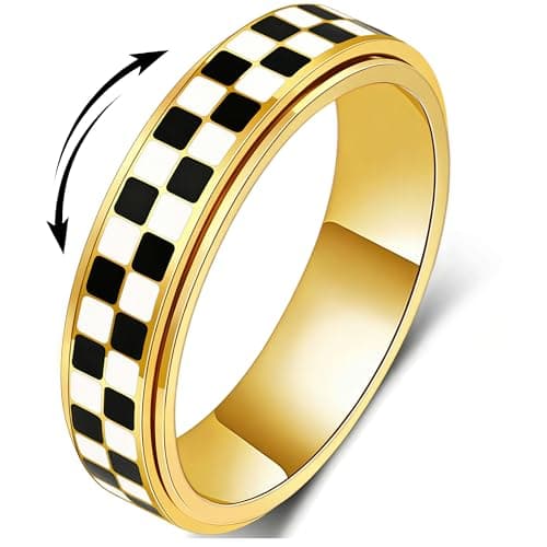 Checkered Fidget Ring for Anxiety Relief, Discreet Silent Spinning Jewelry, Black & White Pattern Durable Stainless Steel Gold Plated Thumb Spinner Jewelry for Work Office Adults Women Men Size 5-11