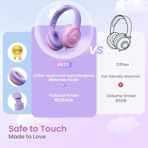 acer Kids Headphones - 85/94dB Volume Limiter, Foldable Wired Over Ear Headphones for Travel, 3.5mm Jack, Toddler Headphones for School, Travel, iPad, Tablet, Purple Pink, HK03 - Thumbnail 3