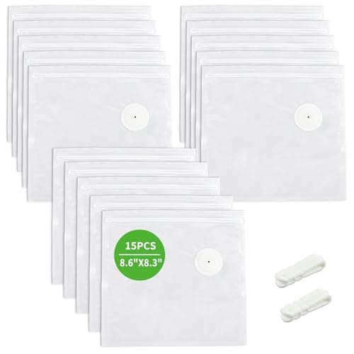 Reusable Vacuum Sealer Bags with Air Valve for Food Storage, BPA-Free Vacuum Zipper Bags for Sous Vide & Freezer, Reusable Vacuum Food Bags, 15 Pack 8.6"x8.3" with 2 Sealing Clips - Image 1