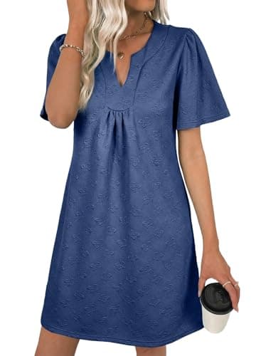BLENCOT Spring Baby Doll Dresses for Women Casual Oversize Tunic Loose Flutter Short Sleeve V Neck Textured Bow Swing Mini Dress Maternity Dress Ashleigh Blue M - Image 1