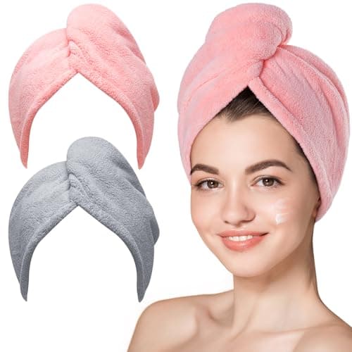 Hicober Microfiber Hair Towel, 2Packs Hair Turbans for Wet Hair, Drying Hair Wrap Towels for Curly Hair Women Anti Frizz(Pink,Grey) - Image 1