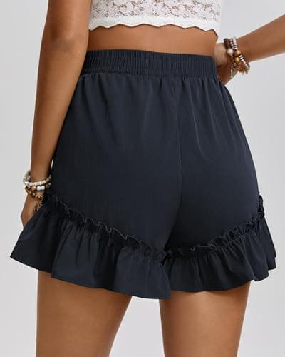 IEEILULU Flowy Shorts for Women Boho Ruffle Skorts Elastic Waist Bow-Knot Casual Summer Shorts with Pockets Navy Blue M - Thumbnail 5
