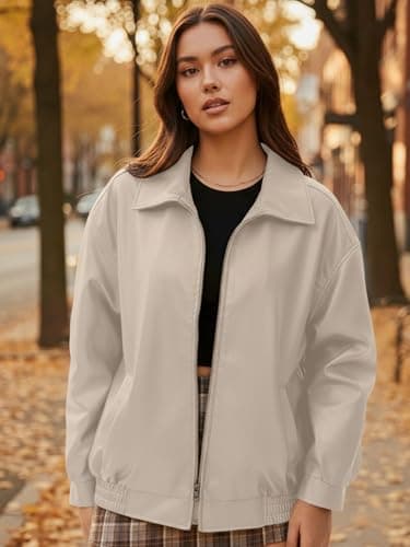 hathne Women's Oversized Leather Jackets Faux Zip Up Fall Fashion Motorcycle Jackets Coats Winter Clothes(Beige,S) - Thumbnail 4