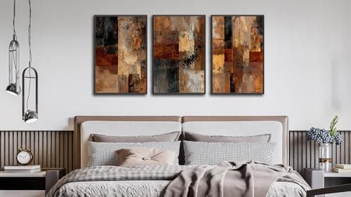 Large Framed Rustic Abstract Wall Art Canvas Prints Set of 3, Neutral Dark Brown Painting Wall Pictures, Retro Industrial Artwork for Living Room Bedroom Office Decor 24"x36"x3 - Thumbnail 3