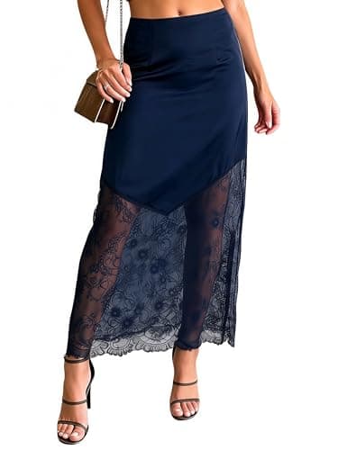 Women's 2026 Lace Patchwork Bodycon Skirt - High Waist Elegant Solid Maxi Long Skirt (US, Alpha, X-Large, Regular, Regular, Blue)