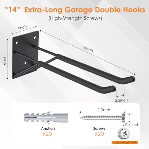 14" Garage Hooks Heavy Duty 8-Pack - Garage Storage System Hooks, Ladder Hooks for Garage Wall & Broom Holder Wall Mount | Non-Slip Tire Rack & Heavy Duty Wall Hooks for Hanging Ladders, Chairs. - Thumbnail 2