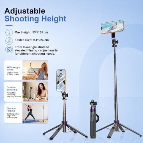 Magnetic Tripod for iPhone with 1/4" Screw, 53" MagSafe Selfie Stick Tripod with Remote & Metal Ring, 4-Leg Stable Phone & Camera Tripod for Video Recording, Vlogging, TikTok, Travel, Black - Thumbnail 5